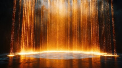 The empty stage is dramatically illuminated by a spotlight, with golden particles dancing in the air, offering a refined and celebratory setting ideal for prestigious events and presentations