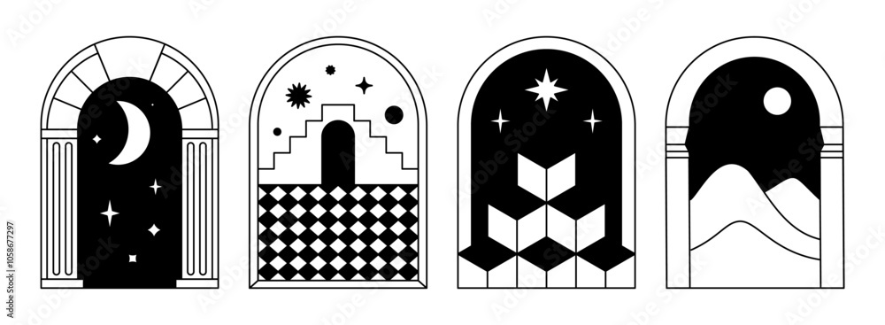 Poster vector illustrations in simple line style, boho abstract prints, simple arcs with natural landscapes