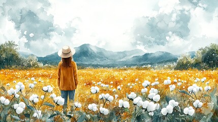 Fototapeta premium Cotton Field Landscape with Sun Rays, Watercolor