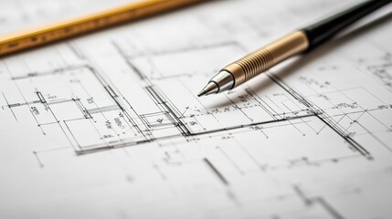 Technical drawing with a pen and pencil on architectural plans.