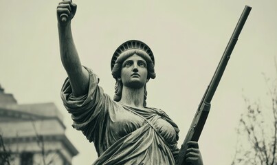 Obraz premium Statue of a woman holding a rifle.