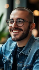 Fototapeta premium A Photograph of a clean shaven middle age smiling with big glasses man holding a computer
