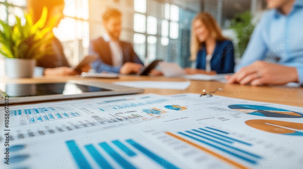 Poster closeup of a table with charts, graphs and papers with a group of businesspeople in the background.