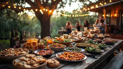 An outdoor family party with food and drinks on table, with people standing and lights hanging overhead