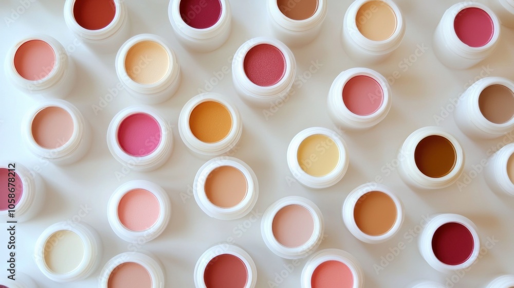 Poster a row of white containers with different colored lids