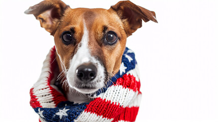 Patriot dog wearing a US flag scarf, isolated on a transparent background, for a USA presidential election, in PNG format.