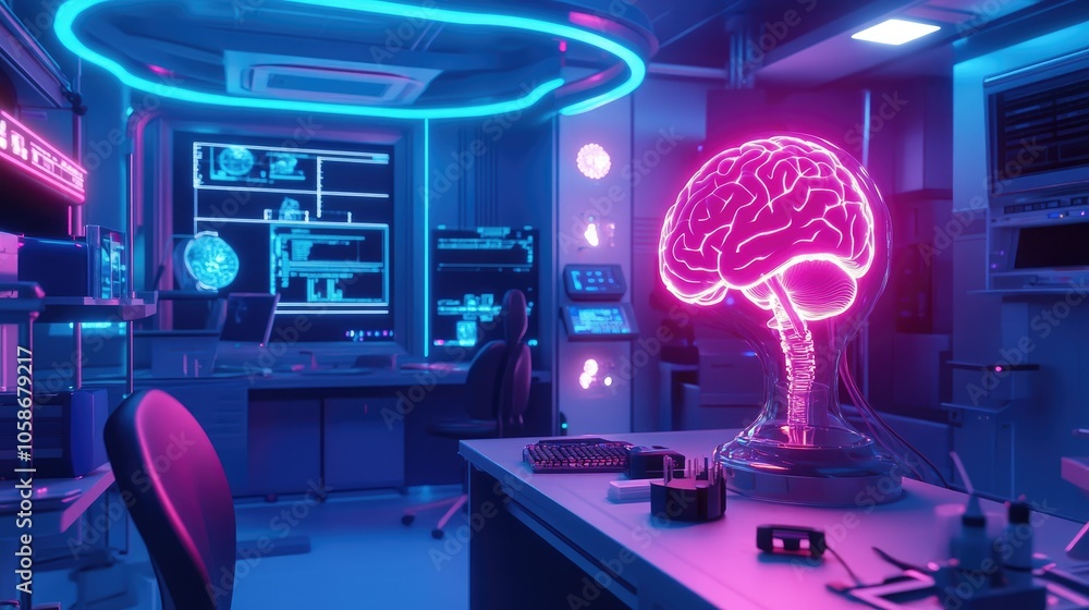 Poster advanced lab setting with bci helmet glowing in vibrant neon lights, cutting-edge brain-machine tech