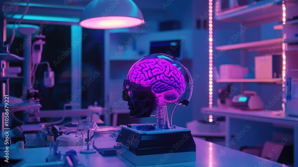 Poster Advanced lab setting with BCI helmet glowing in vibrant neon lights, cutting-edge brain-machine technology.