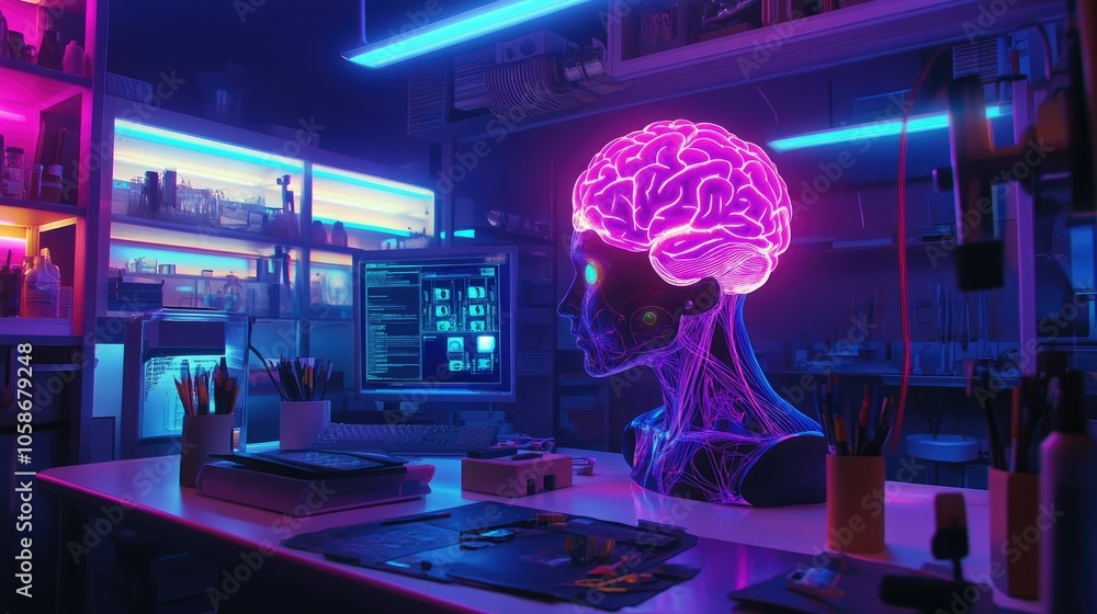 Poster advanced lab setting with bci helmet glowing in vibrant neon lights, cutting-edge brain-machine tech