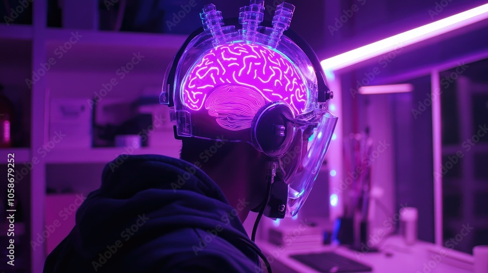 Poster Advanced lab setting with BCI helmet glowing in vibrant neon lights, cutting-edge brain-machine technology.