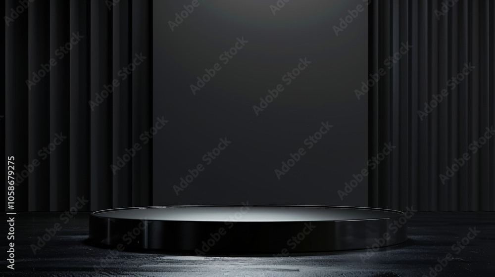 Poster pedestal platform with a black stand podium in a dark room background, featuring a blank exhibition 