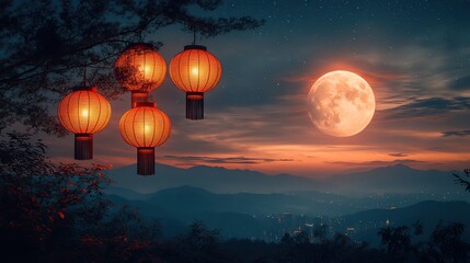 Asian lanterns and beautiful full moon in starry night sky, representing the Tanabata, Qixi, or Mid-Autumn Festival, perfect for greeting cards, posters, or banners with festive background © Knight