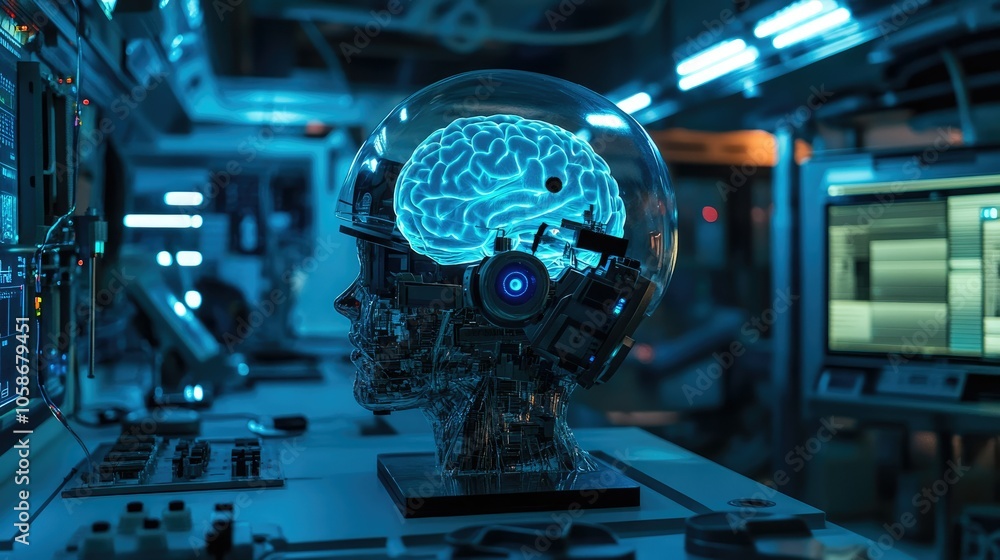 Aufkleber brain-computer interface helmet with neon lights, sci-fi aesthetic, in an advanced technology lab.