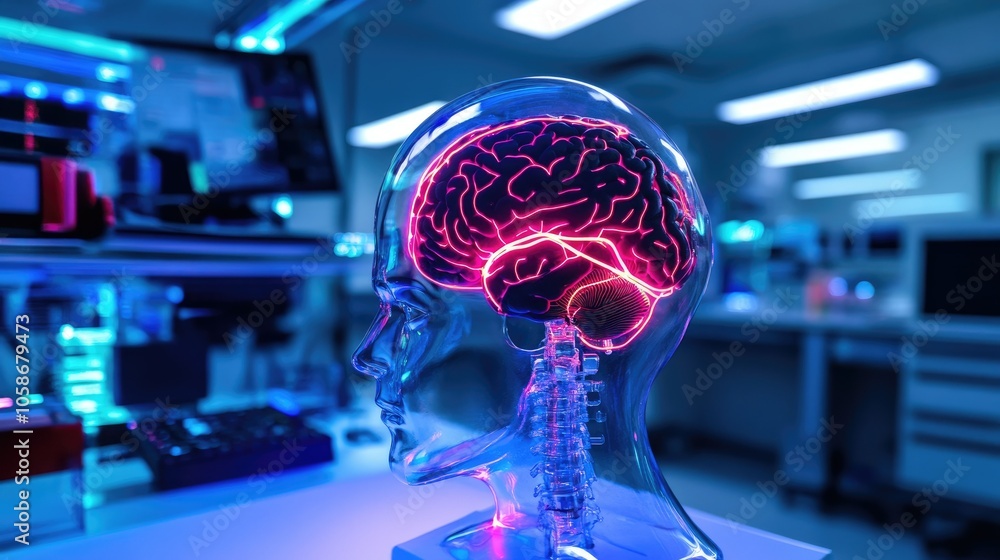 Poster brain-computer interface helmet with neon lights, sci-fi aesthetic, in an advanced technology lab.