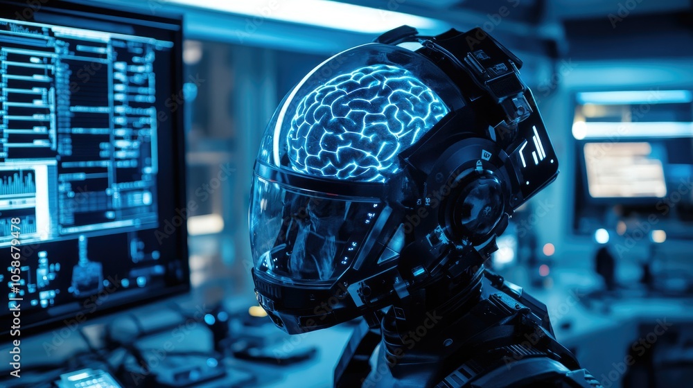 Poster brain-computer interface helmet with neon lights, sci-fi aesthetic, in an advanced technology lab.