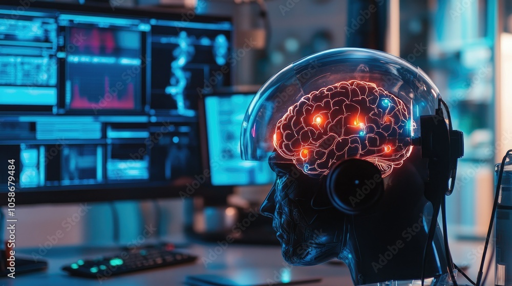 Poster brain-computer interface helmet with neon lights, sci-fi aesthetic, in an advanced technology lab.