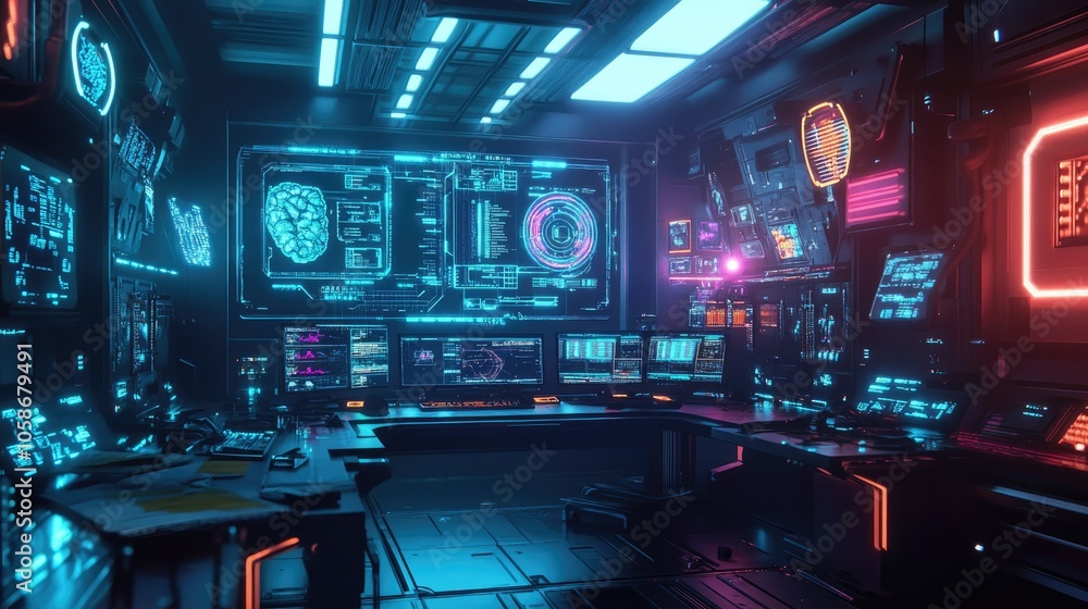 Poster Brain-computer interface with neon lights in a high-tech lab, depicting advanced mind-machine interface.