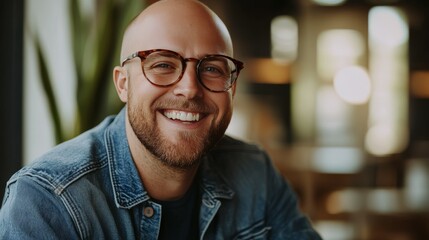Obraz premium A Photograph of a clean shaven middle age smiling with big glasses man holding a computer