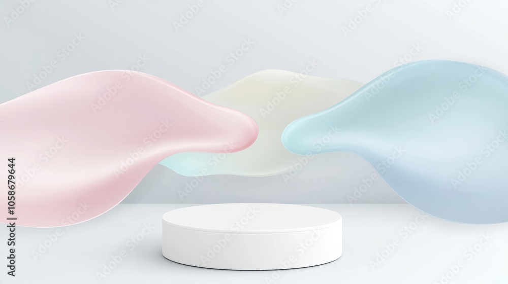 Poster a white pedestal with three colorful blobs on it