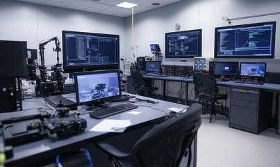 Naklejka premium Tech office with computers, monitors, and a robot arm.