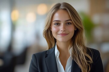 Naklejka premium Confident Businesswoman Headshot Professional & Successful Woman in Black Suit and White Shirt.