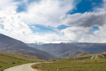 A village on the slopes of the mountain, cloudy sky, meadows and trees