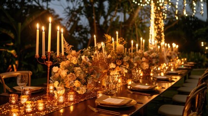 Wedding table adorned with golden accents, flowers, candles, and lights for outdoor celebration.