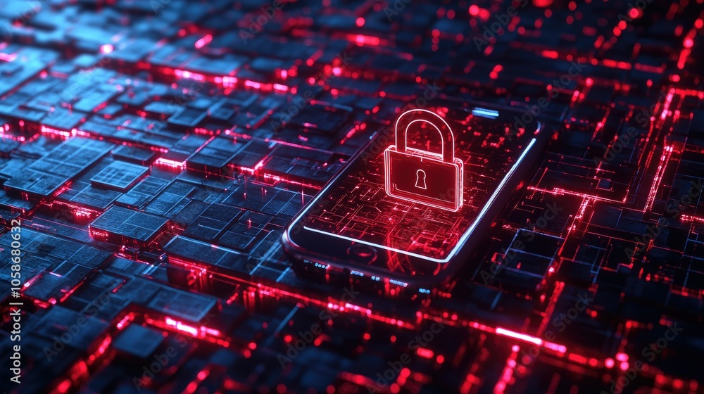 Aufkleber Cybersecurity concept showing mobile with digital padlock, representing data safety in a network.