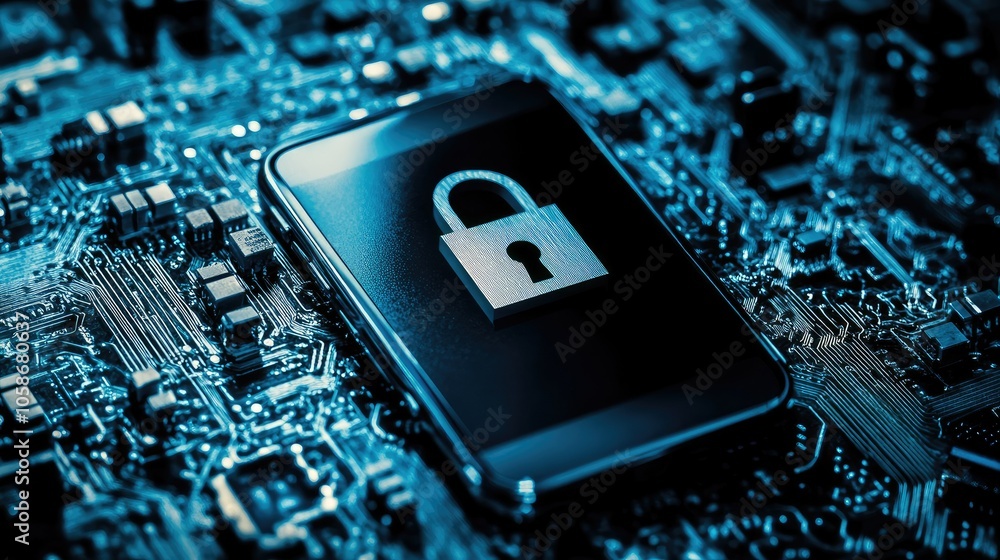 Poster Cybersecurity concept showing mobile with digital padlock, representing data safety in a network.