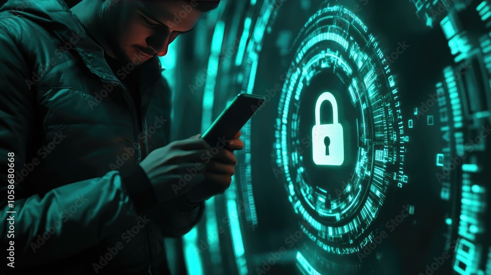 Aufkleber Cybersecurity concept with a user holding a phone, padlock icon indicating data encryption and privacy.
