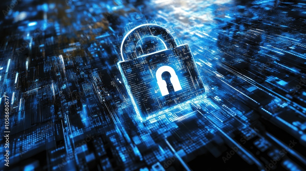Poster Cybersecurity concept showing mobile with digital padlock, representing data safety in a network.