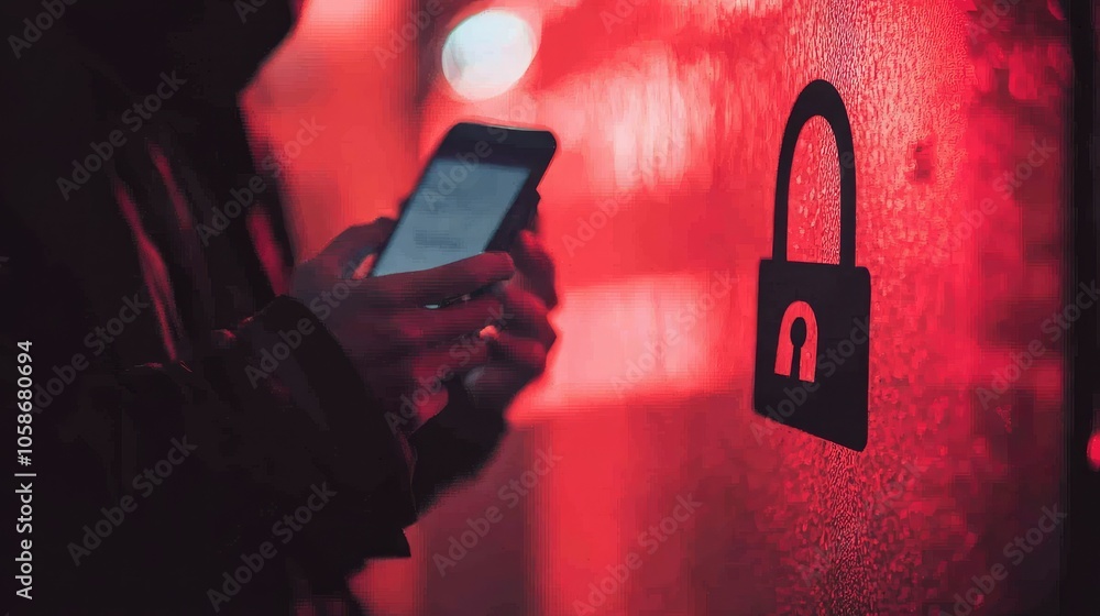 Poster Cybersecurity concept with a user holding a phone, padlock icon indicating data encryption and privacy.