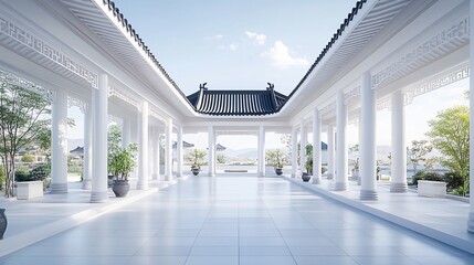 Traditional Chinese Architecture with Platform, Road, and Parking Area on Brick Surface for Automotive Advertisement Featuring Blank Background
