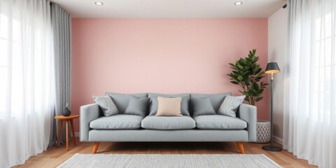 Cozy grey sofa in front of soft pink wall with fluffy throw pillows, comfortable, decoration, grey sofa