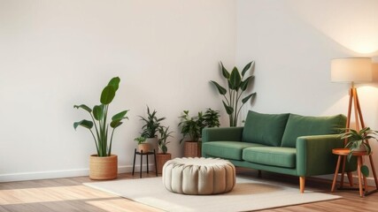 Cozy living room with green sofa, pouf, houseplant, and standing lamp against light wall, minimalist, home decor, modern