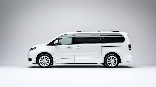 Side view of a modern white minivan with sleek design on a neutral background, showcasing its smooth curves and detailing.