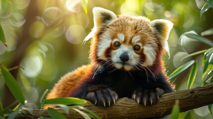 Fototapeta premium A red panda with fluffy fur resting on a branch in its natural habitat. Soft sunlight, green leaves