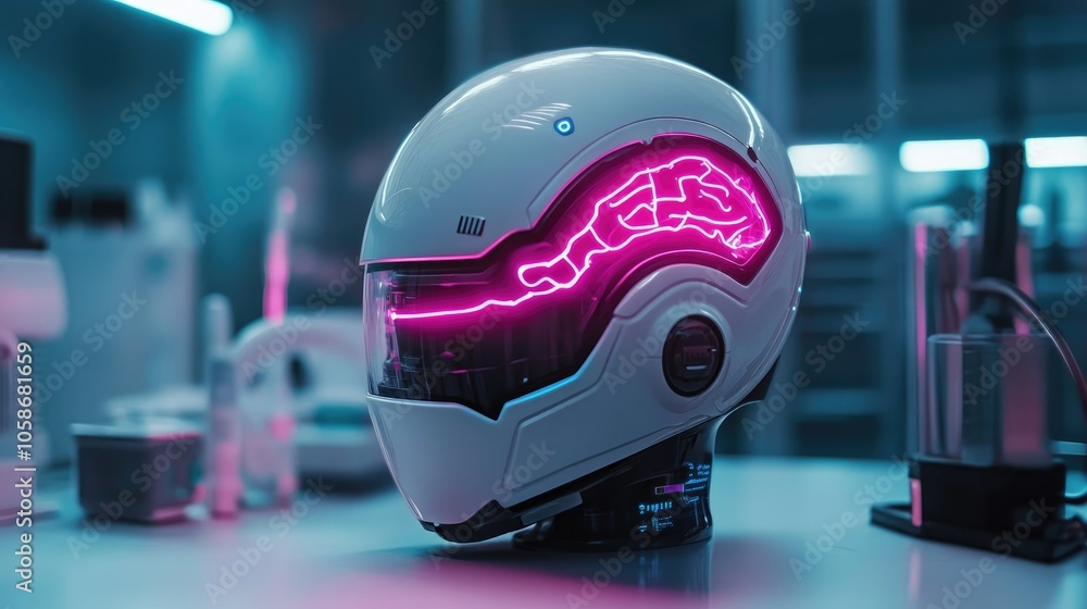 Fototapete futuristic brain-computer interface helmet glowing in neon, set in a technologically advanced lab.