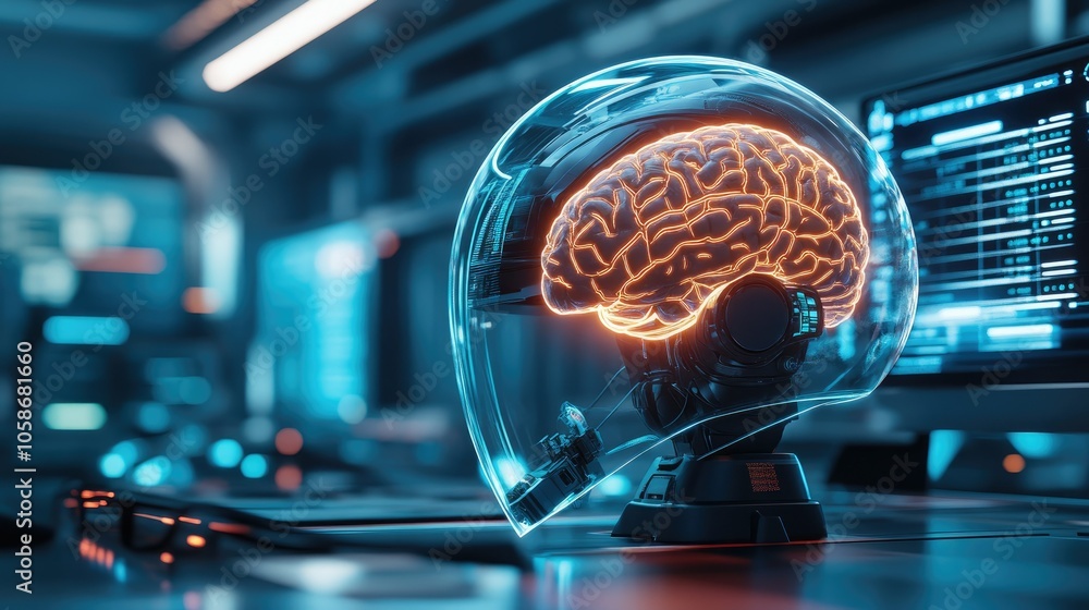 Fototapete Futuristic brain-computer interface helmet glowing in neon, set in a technologically advanced lab.