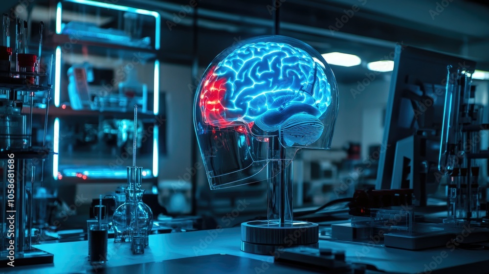 Aufkleber Futuristic brain-computer interface helmet glowing in neon, set in a technologically advanced lab.