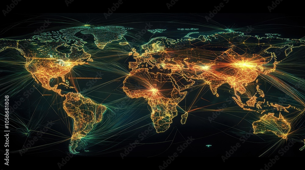 Poster global digital network with crypto transactions linking countries, glowing lines of economic connect