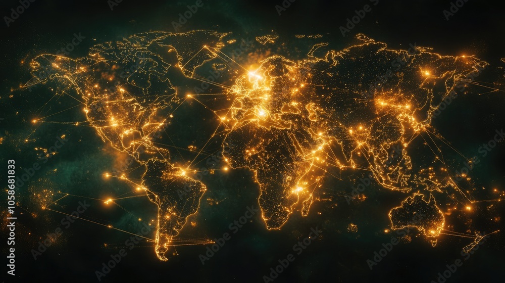Poster global digital network with crypto transactions linking countries, glowing lines of economic connect
