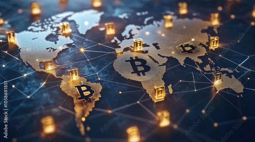 Poster Global economy visual with crypto transactions linking continents, bright nodes symbolizing finance networks.