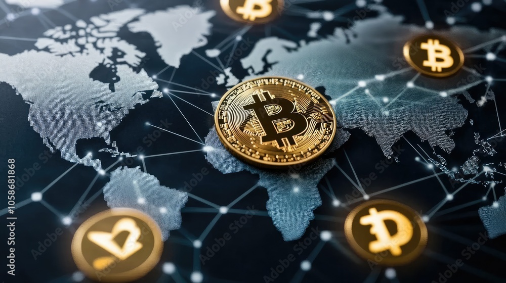 Aufkleber Global economy visual with crypto transactions linking continents, bright nodes symbolizing finance networks.