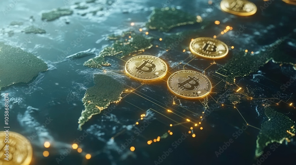 Poster Global economy visual with crypto transactions linking continents, bright nodes symbolizing finance networks.