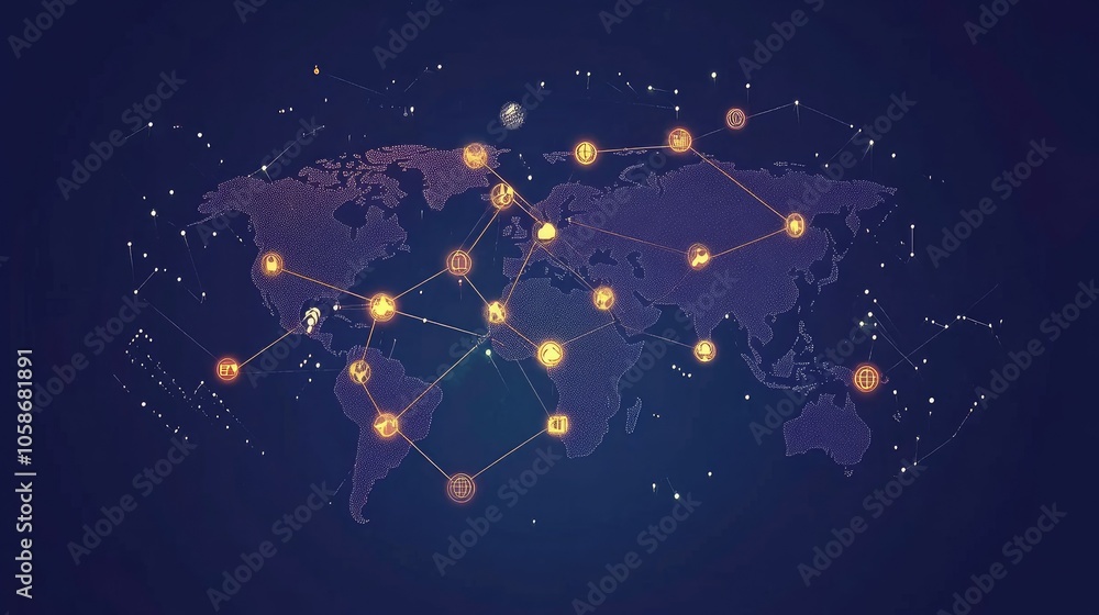 Aufkleber Global economy visual with crypto transactions linking continents, bright nodes symbolizing finance networks.
