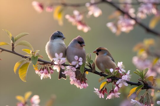 Three birds chirping peacefully in the warm spring sunlight amidst blossoming flowers.