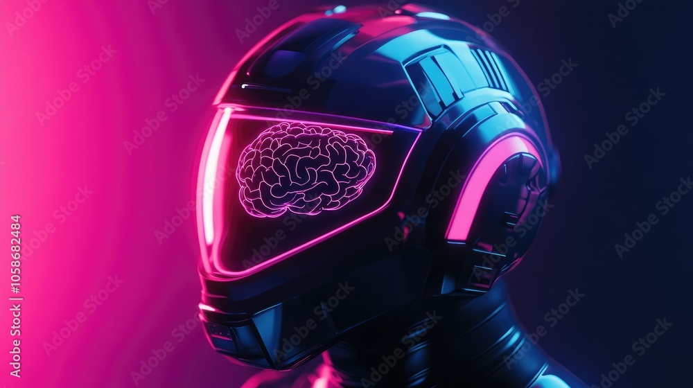 Poster High-tech lab setting with a sleek, neon-lit brain-computer interface helmet, futuristic design.