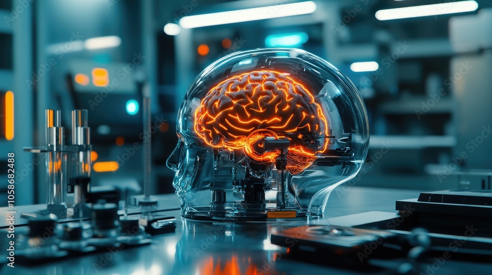 Aufkleber High-tech lab setting with a sleek, neon-lit brain-computer interface helmet, futuristic design.