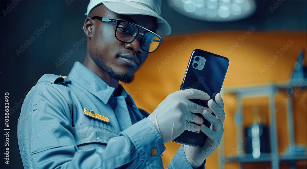 Poster professional technicians in uniform is disassembling smartphones
